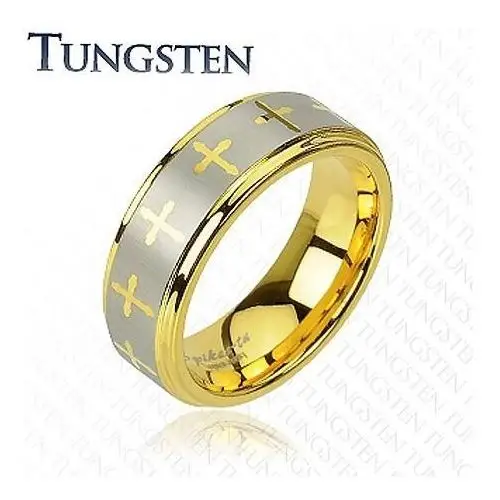 Tungsten pierścionek w złotym odcieniu, krzyżyki i pas srebrnego koloru, 8 mm - Rozmiar: 49