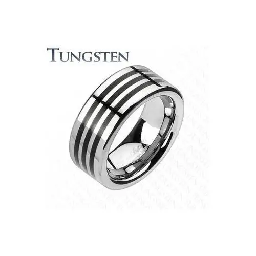 Tungsten pierścionek z trzema czarnymi paskami na obwodzie - rozmiar: 70 Biżuteria e-shop