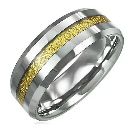 Biżuteria e-shop Tungsten pierścionek z wzorzystym paskiem złotego koloru, 8mm - rozmiar: 55