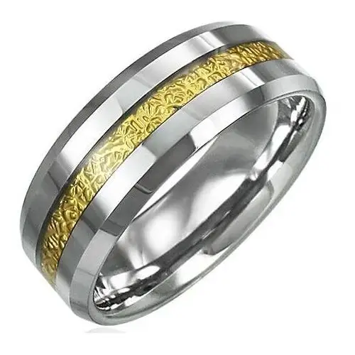 Tungsten pierścionek z wzorzystym paskiem złotego koloru, 8mm - rozmiar: 62 Biżuteria e-shop