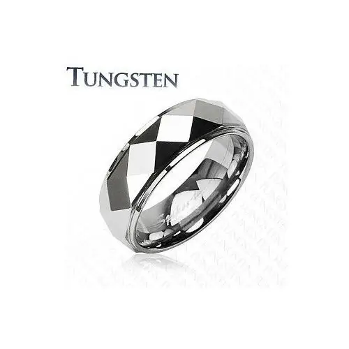 Tungsten pierścionek ze ściętymi rombami, srebrny kolor - Rozmiar: 64, K10.1