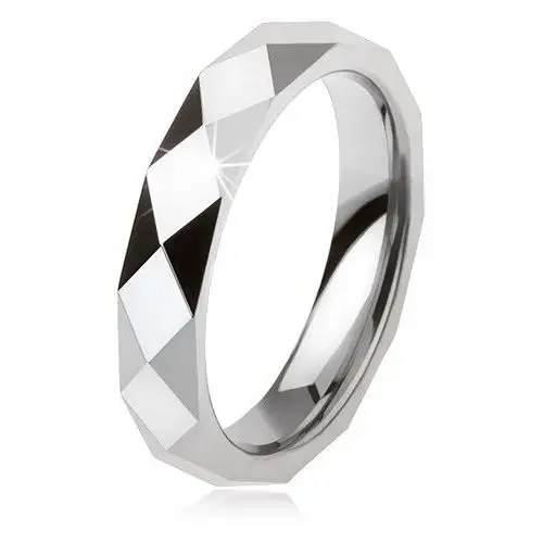 Tungstenowy pierścionek w stalowosiwym kolorze, geometryczna oszlifowana powierzchnia - Rozmiar: 62, AB34.12