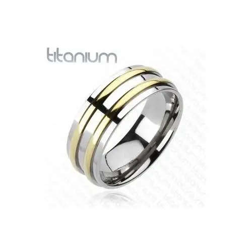 Biżuteria e-shop Tytanowa obrączka - srebrna, dwa złote pasy - rozmiar: 63