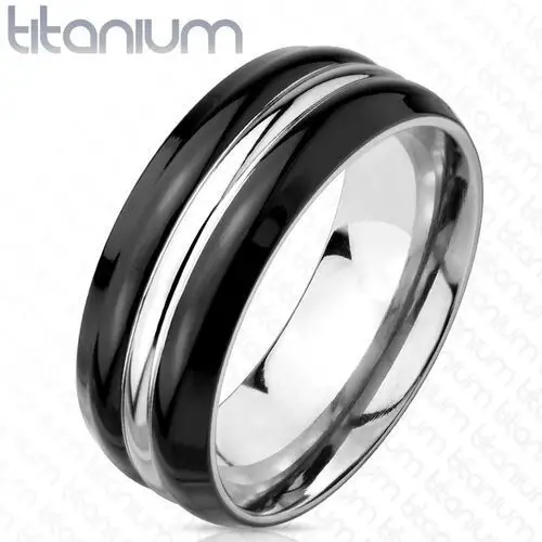 Biżuteria e-shop Tytanowa obrączka srebrnego koloru - czarne krawędzie, środkowy pasek srebrnego koloru, 8 mm - rozmiar: 67