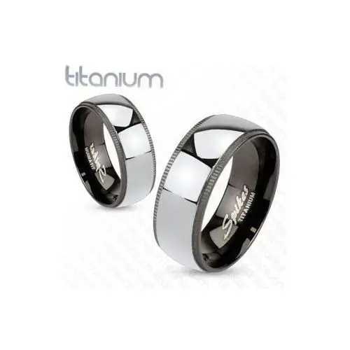 Tytanowa obrączka w srebrzystym kolorze z czarną, ozdobną krawędzią - rozmiar: 68 Biżuteria e-shop