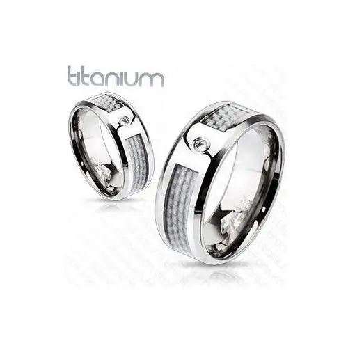 Tytanowy pierścionek - biały, siatkowany wzór z cyrkoniami - rozmiar: 64 Biżuteria e-shop