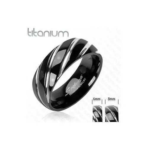 Biżuteria e-shop Tytanowy pierścionek czarnego koloru - wąskie ukośne nacięcia w srebrnym odcieniu - rozmiar: 63