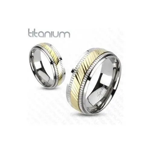 Biżuteria e-shop Tytanowy pierścionek - dwukolorowy, z rowkami - rozmiar: 49
