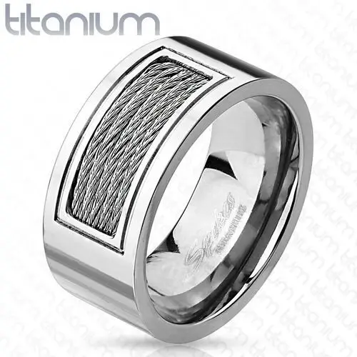 Tytanowy pierścionek - obrączka w srebrnym odcieniu ozdobiona metalowymi drucikami, 10 mm - Rozmiar: 70, kolor szary