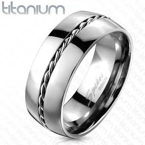 Tytanowy pierścionek - srebrna obrączka, zakręcony drucik pośrodku - rozmiar: 58 Biżuteria e-shop