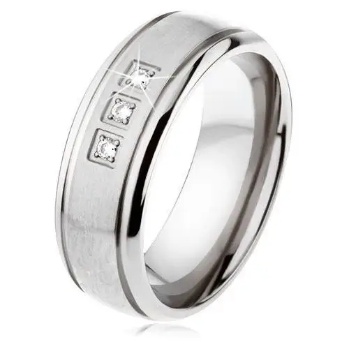 Tytanowy pierścionek srebrnego koloru, matowy pas, lśniące krawędzie, trzy cyrkonie - Rozmiar: 59, kolor szary