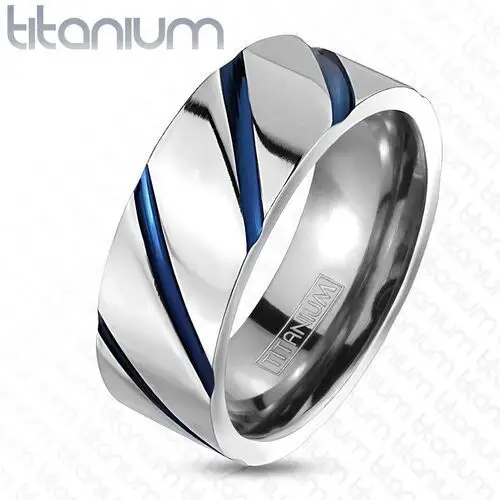 Biżuteria e-shop Tytanowy pierścionek srebrnego koloru, wysoki połysk, ukośne niebieskie nacięcia - rozmiar: 52