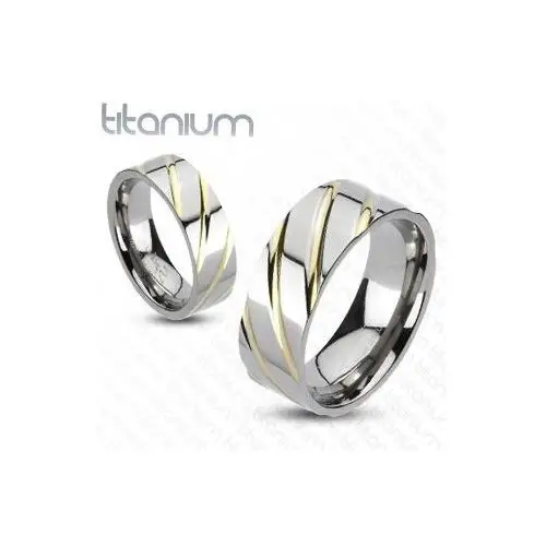 Biżuteria e-shop Tytanowy pierścionek - srebrny, złote paseczki - rozmiar: 67