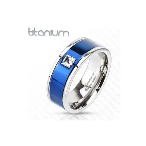 Tytanowy pierścionek z niebieskim pasem i kwadratową cyrkonią - rozmiar: 60 Biżuteria e-shop