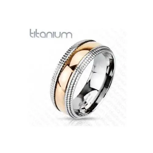 Tytanowy pierścionek z ozdobnymi brzegami i pozłacanym środkiem - rozmiar: 59 Biżuteria e-shop