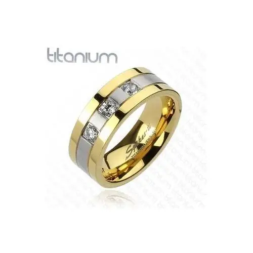 Biżuteria e-shop Tytanowy pierścionek - złoto srebrny, trzy cyrkonie - rozmiar: 68