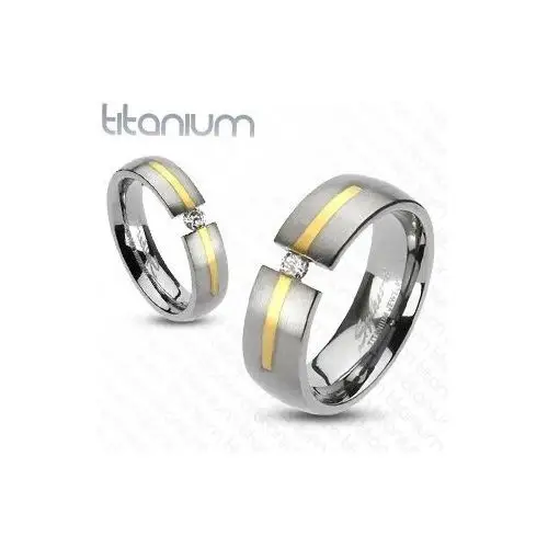 Biżuteria e-shop Tytanowy srebrny pierścionek - złoty pasek, cyrkonia - rozmiar: 55