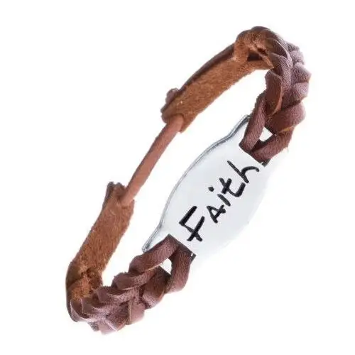 Wąska pleciona bransoletka ze skóry - karmelowa, wstawka "faith" Biżuteria e-shop