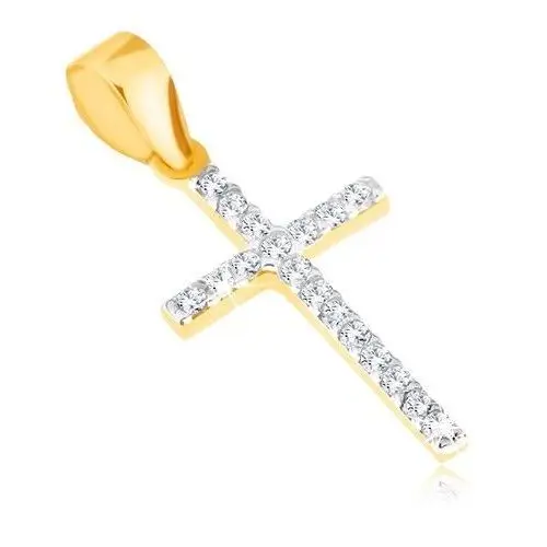 Wisiorek z żółtego złota 14K - cienki błyszczący krzyż łaciński, przezroczyste cyrkonie, GG22.19