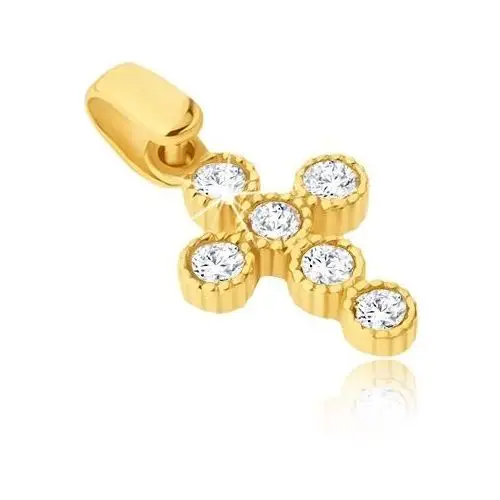 Wisiorek z żółtego złota 14k - krzyżyk z okrągłymi cyrkoniami w koszyczkach Biżuteria e-shop