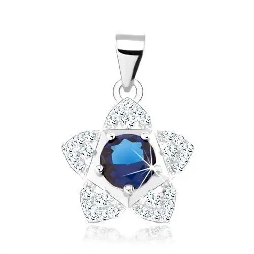 Biżuteria e-shop Wisiorek ze srebra 925, kwiatek o pięciu płatkach, niebieska okrągła cyrkonia, ozdobne wycięcia