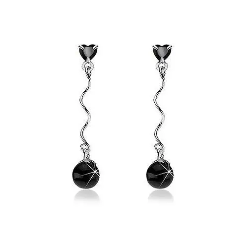 Wiszące kolczyki, srebro 925 - błyszcząca spirala, serduszko i kuleczka czarnego koloru Biżuteria e-shop