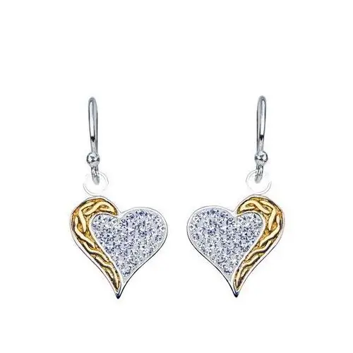 Wiszące srebrne kolczyki 925 - cyrkoniowe serce, złoty skręcony pas Biżuteria e-shop