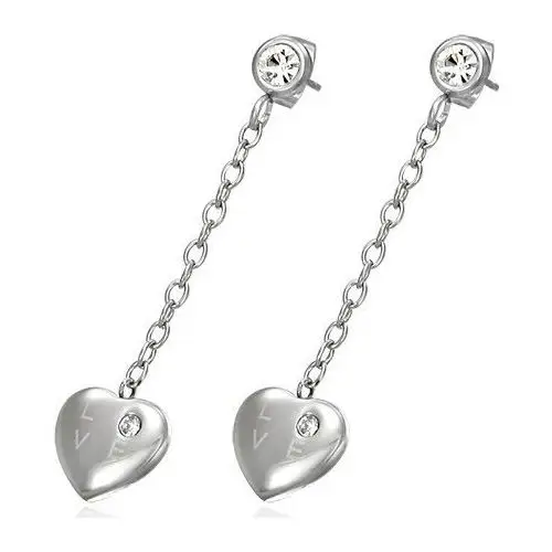 Biżuteria e-shop Wiszące stalowe kolczyki - serce z cyrkonią, napis love