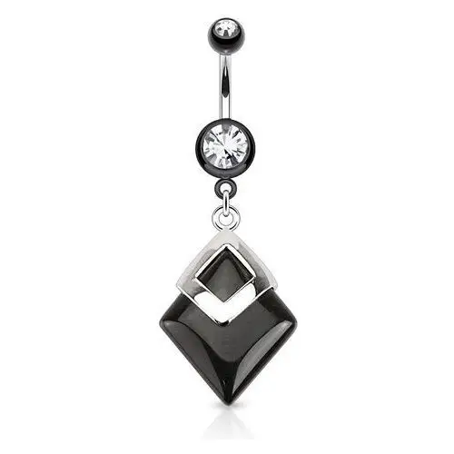 Wiszący stalowy piercing do pępka - czarny agat w kształcie rombu, okrągła cyrkonia Biżuteria e-shop