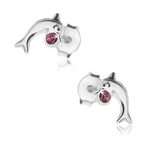 Wkręty, srebro 925, lśniący delfin, kryształek fioletowego koloru Biżuteria e-shop