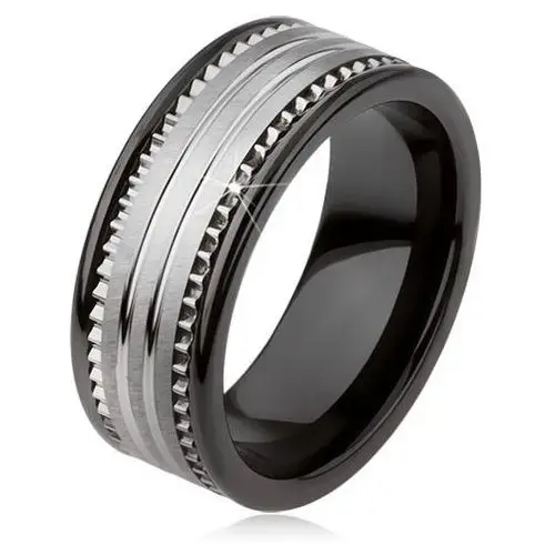 Biżuteria e-shop Wolframowa ceramiczna czarna obrączka o srebrnej powierzchni z paskami - rozmiar: 57