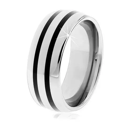 Wolframowy gładki pierścionek, lekko wypukły, lśniąca powierzchnia, dwa czarne paski - Rozmiar: 55, kolor czarny