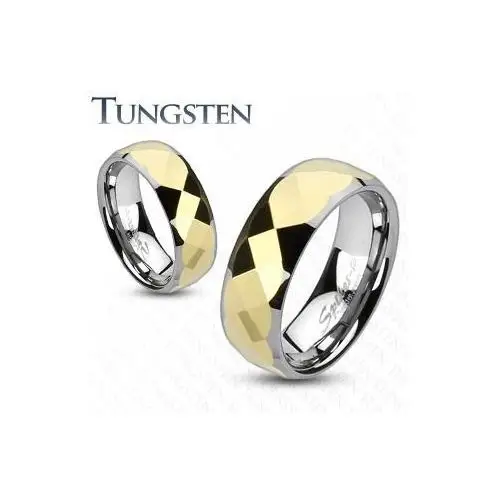 Biżuteria e-shop Wolframowy pierścień - dwukolorowy, złoty geometrycznie szlifowany środek - rozmiar: 57, szerokość: 8 mm