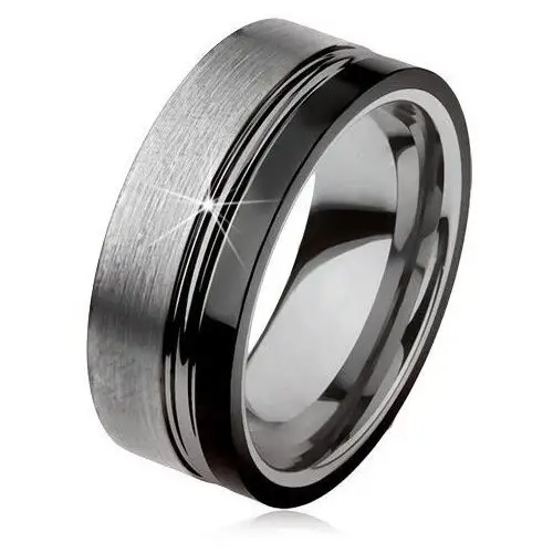 Biżuteria e-shop Wolframowy pierścionek, dwa nacięcia, srebrny i czarny kolor, lśniąco-matowa powierzchnia - rozmiar: 55