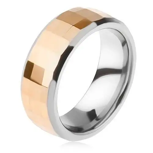 Biżuteria e-shop Wolframowy pierścionek - dwukolorowy, geometryczny szlifowany pas w złotym kolorze - rozmiar: 49