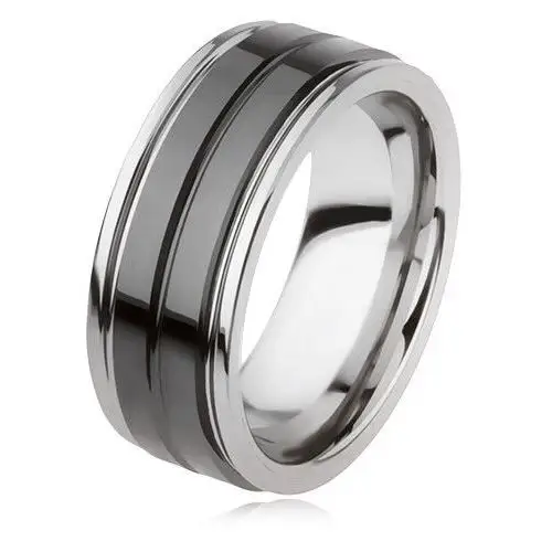 Wolframowy pierścionek o blyszczącej czarnej powierzchni z nacięciem, kolor srebrny - Rozmiar: 64