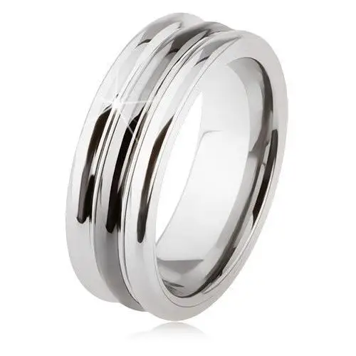 Wolframowy pierścionek o lśniącej powierzchni, dwa nacięcia, czarny i srebrny kolor - Rozmiar: 65