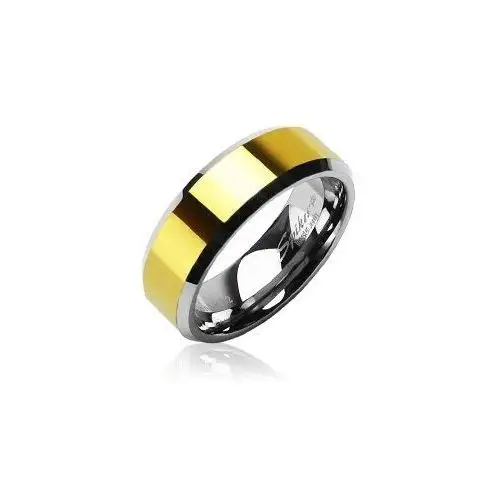 Wolframowy pierścionek o ściętych krawędziach ze środkowym pasem złotego koloru - rozmiar: 68 Biżuteria e-shop