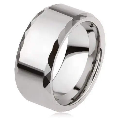Wolframowy pierścionek srebrnego koloru, geometrycznie szlifowane krawędzie, gładka powierzchnia - Rozmiar: 62, kolor szary