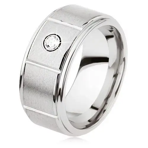 Wolframowy pierścionek srebrnego koloru z nacięciami, matowa szara powierzchnia, cyrkonia - Rozmiar: 54, AB34.06