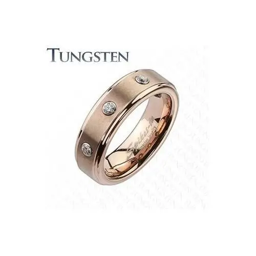 Wolframowy pierścionek w delikatnie miedzianym odcieniu - trzy bezbarwne cyrkonie - rozmiar: 54 Biżuteria e-shop