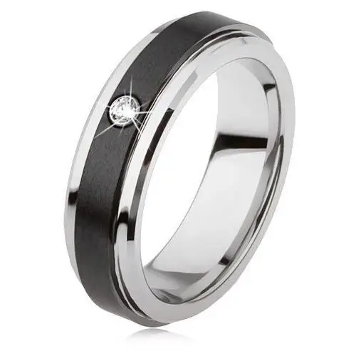Wolframowy pierścionek w kolorze srebrnym, czarny ceramiczny pas, cyrkonia - Rozmiar: 55, AB33.13