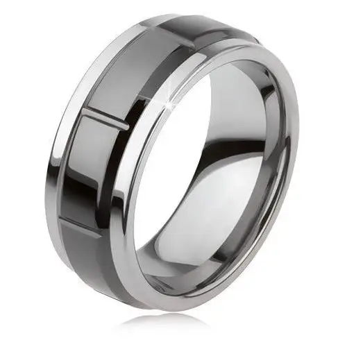 Wolframowy pierścionek z nacięciami, srebrny kolor, lśniąca czarna powierzchnia - Rozmiar: 64