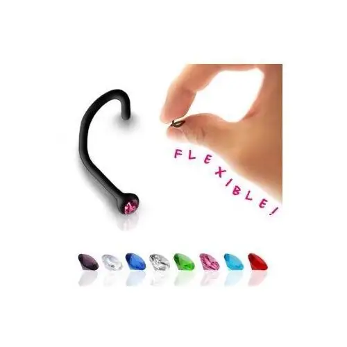 Zagięty kolczyk do nosa z czarnego bioflexu, kolorowa cyrkonia - kolor cyrkoni: przeźroczysty - c Biżuteria e-shop
