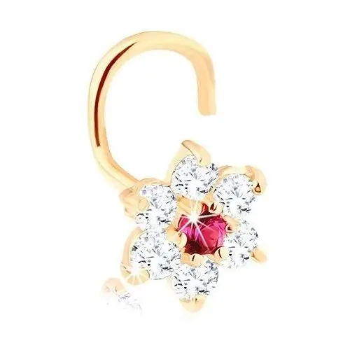 Biżuteria e-shop Zagięty piercing do nosa w żółtym 14k złocie - kwiatek z cyrkonii i rubinu