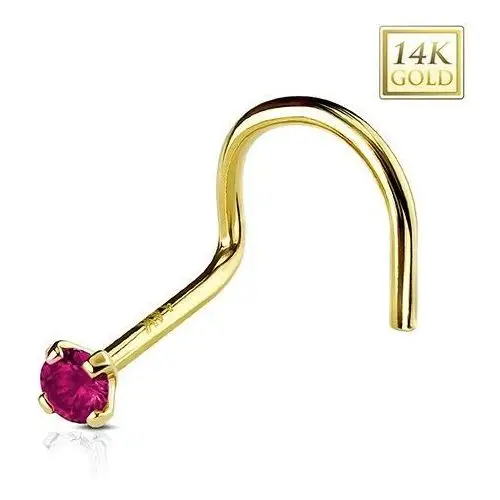 Zagięty piercing do nosa z żółtego 14k złota, okrągła ciemnoróżowa cyrkonia, 2 mm Biżuteria e-shop