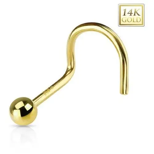 Biżuteria e-shop Zagięty złoty 14k piercing do nosa - błyszcząca gładka kuleczka, żółte złoto - grubość kolczyka: 1 mm