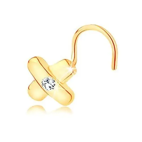 Zagięty złoty piercing 585 - skrzyżowane paseczki i bezbarwna cyrkonia w środku Biżuteria e-shop