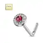 Biżuteria e-shop Zakrzywiony piercing do nosa z 14k złota - różowa cyrkonia otoczona bezbarwnymi cyrkoniami Sklep