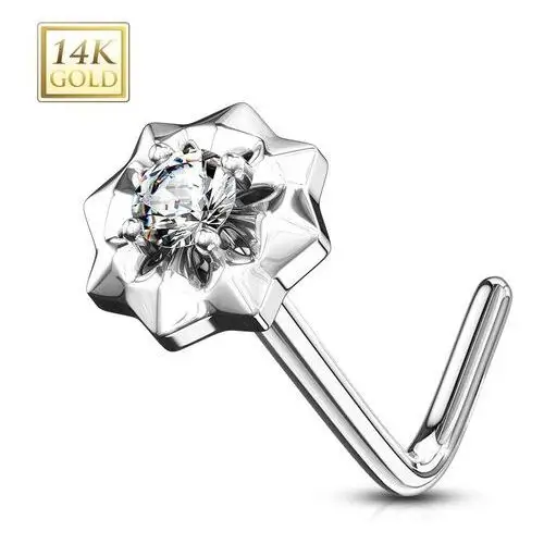 Biżuteria e-shop Zakrzywiony piercing do nosa z białego złota 585 - mała bezbarwna cyrkonia, gwiazdka, 0,8 mm